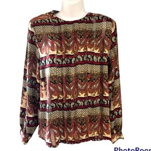 VTG 80s Nicola Jewel Tones Paisley Satin Secretary Blouse Top Sz 14 Large